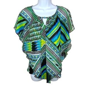 Studio Works Blue Green Boho Peasant Bohemian Blouse Flowy Size Small